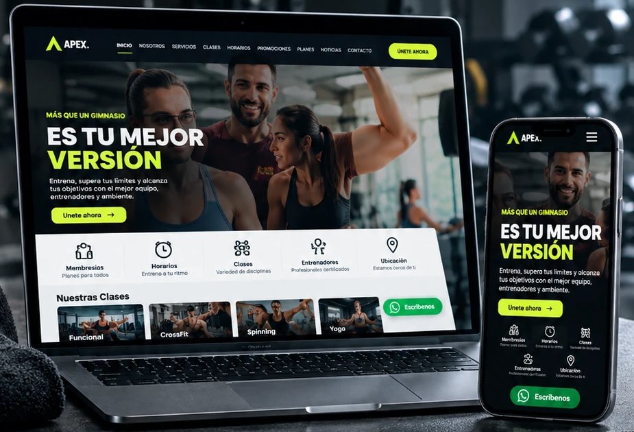 Ejemplo de diseño de página web para un gimnasio, en computadora y celular