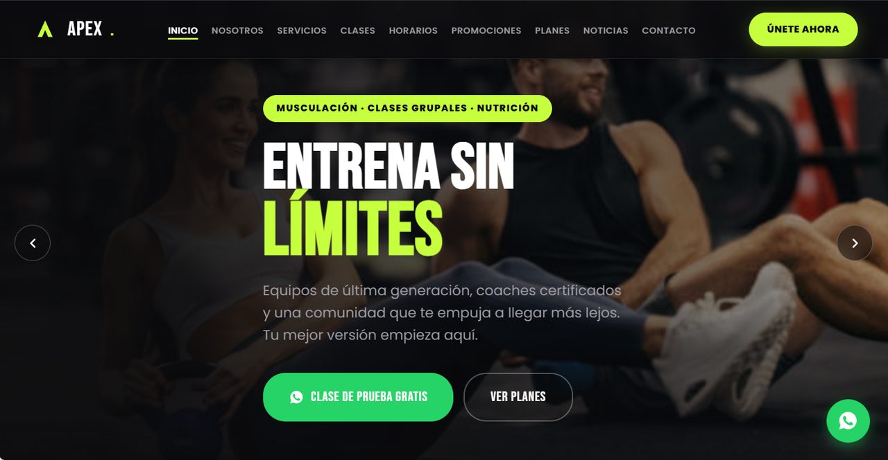 Web de un gimnasio con clases y planes